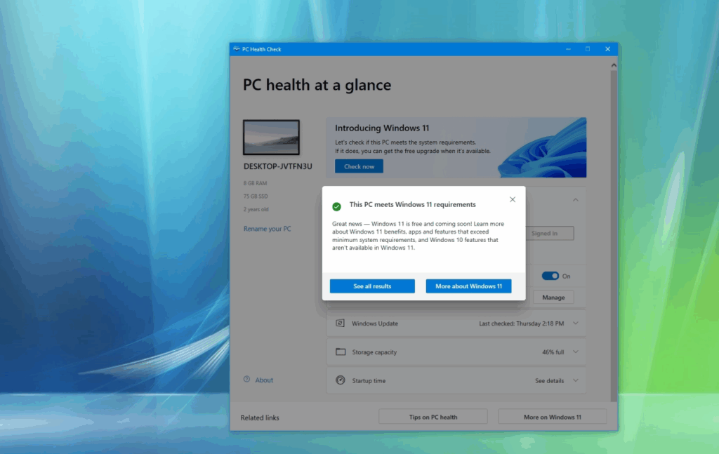 PC Health Check app showing Windows 11 eligibility status
