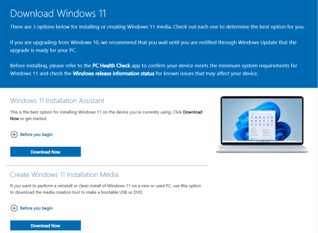Microsoft Windows 11 download page