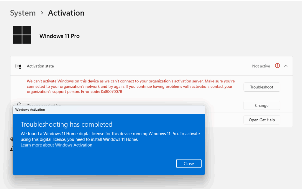 Windows Activation Troubleshooter running on a PC