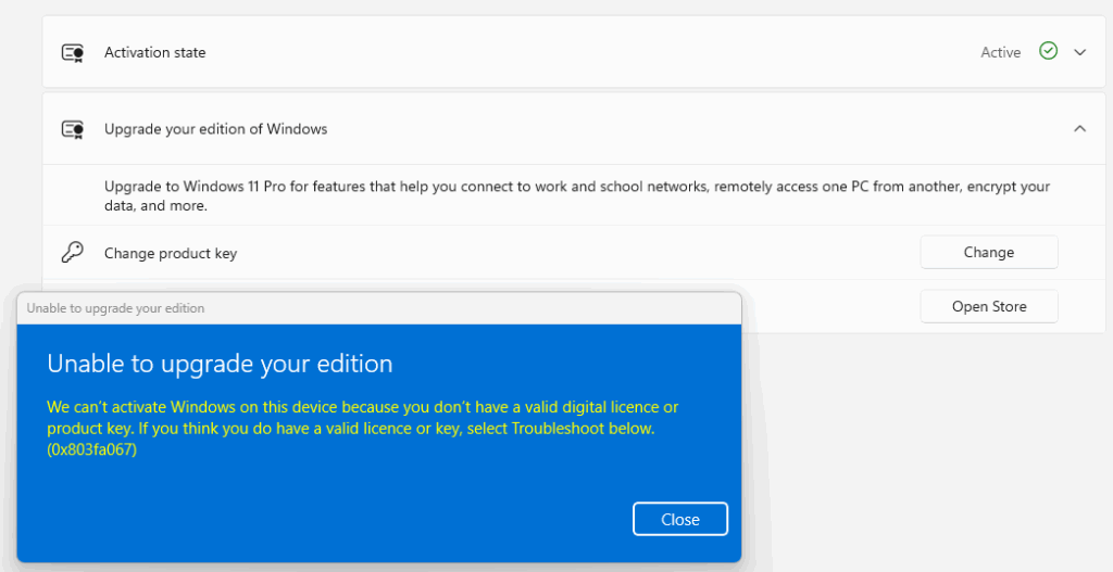 Windows activation error message on a Windows 11 PC